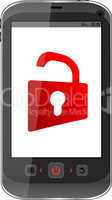 smartphone with opened red padlock on display. Mobile security concept