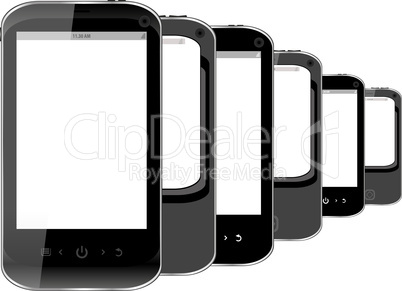 Group of black smartphones isolated on white background