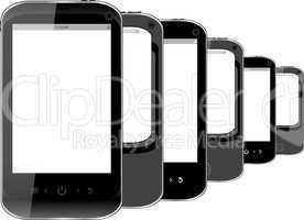 Group of black smartphones isolated on white background