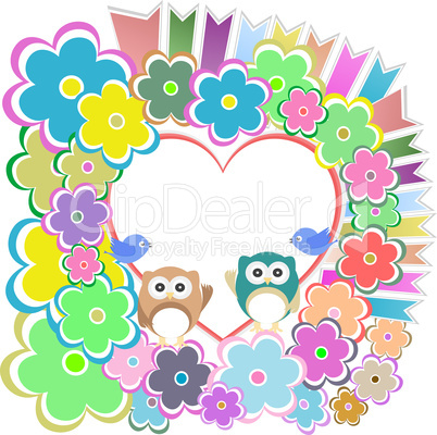 owls, birds love heart and flowers