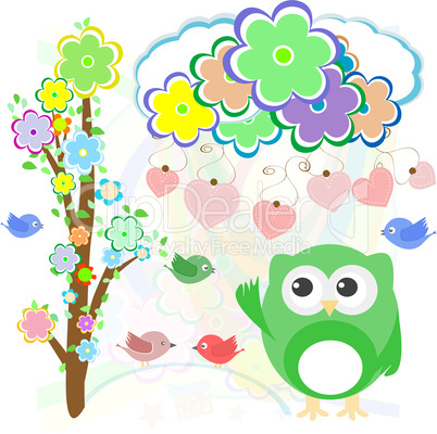 Background with birds, flowers, owls and hearts