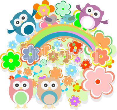 Cute colorful floral pattern with owls, flowers and bird