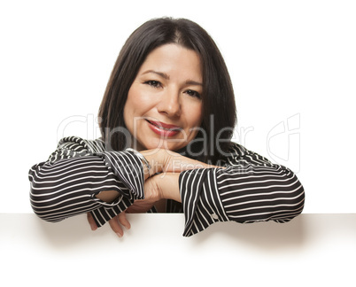 Attractive Mixed Race Woman Leaning on Blank White Sign