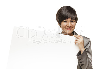 Mixed Race Young Adult Female Holding Blank White Sign