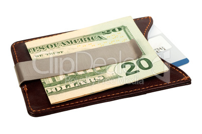 Dollars in money clip and credit card.