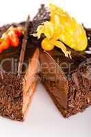 Rich chocolate cake with fruit decoration