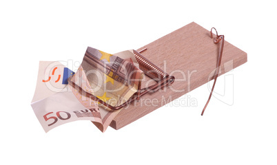 european bank note in mouse trap