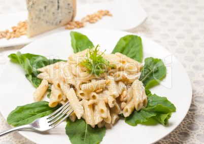 Italian pasta penne gorgonzola and pine nuts