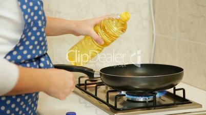 Food Preparation - Pouring Oil Into Frying Pan