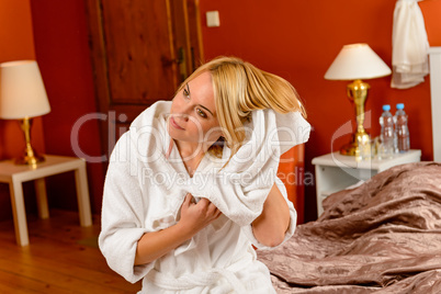 Happy woman bed room drying hair towel