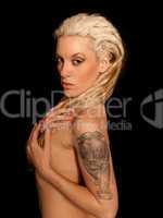 Beautiful Urban Girl with blond dreadlocks. Black panther tattoo