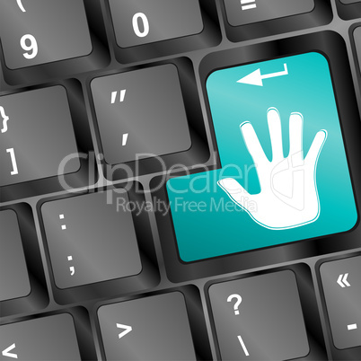 A keyboard with a blue key with the hand icon