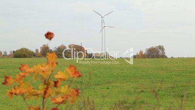 Two wind turbines in the field.