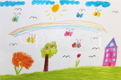 Children's drawing with butterflies and flowers