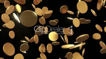 Gold coins falling on black. Beautiful Looped animation. HD 1080. Alpha mask.