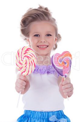 Little girl offer two lollipops
