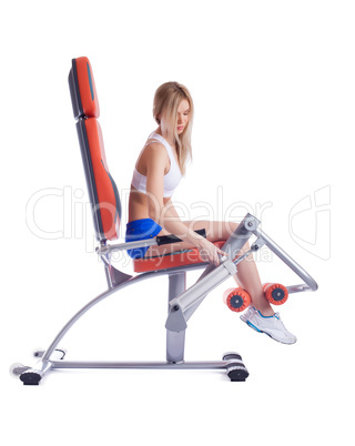Blonde young woman ajustment exerciser isolated