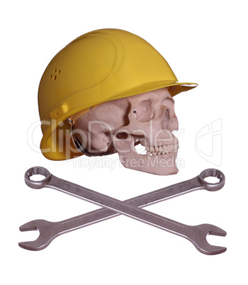 skull and bones with helmet and wrench