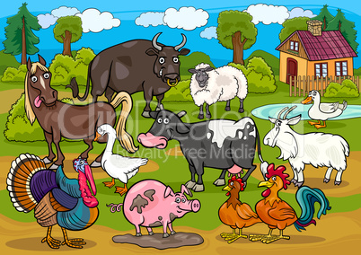 farm animals country scene cartoon illustration