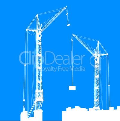 Silhouette of two cranes working on the building. Vector illustr