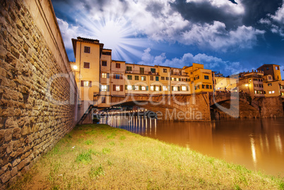 Ponte Vecchio over Arno River, Florence, Italy. Beautiful upward