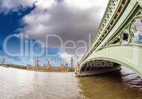 London. Westminster Bridge and Houses of Parliament, wide angle