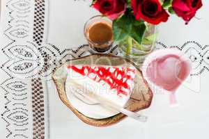Romantic coffee and cake on white lace table