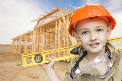 Child Boy Dressed Up as Handyman in Front of House Framing
