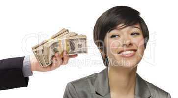 Mixed Race Young Woman Being Handed Thousands of Dollars