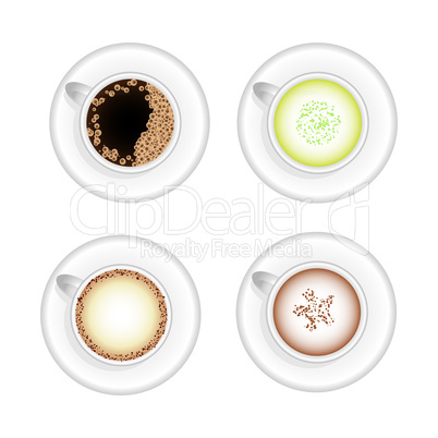 Set of hot drinks vector cups with americano, cappuccino, green tea latte and chocolate