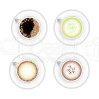 Set of hot drinks vector cups with americano, cappuccino, green tea latte and chocolate