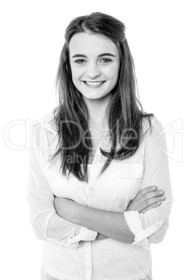 Black and white image of a confident smiling girl