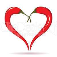 Two chili peppers forming a shape of heart. Hot lover symbol.