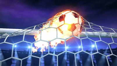 burning soccer ball is slowly flying in the goal