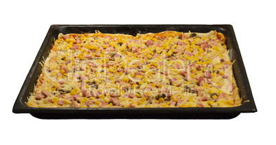 Large pizza on a baking sheet