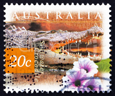 Postage stamp Australia 1997 Saltwater Crocodile and Kangkong Fl