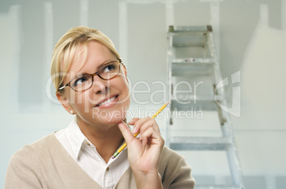 Woman Inside Room with New Sheetrock Drywall