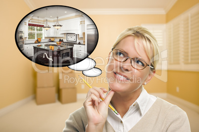 Woman in Empty Room with Thought Bubble of a New Kitchen Design