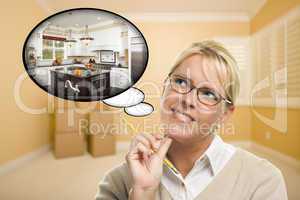 Woman in Empty Room with Thought Bubble of a New Kitchen Design