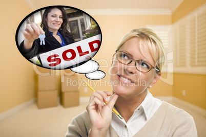 Woman In Empty Room with Thought Bubble of Agent Handing Over Ne