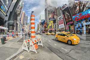 new york city - feb 26: yellow cab speeds up in manhattan, febru