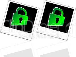 Set of empty photos and green padlock on abstract white background