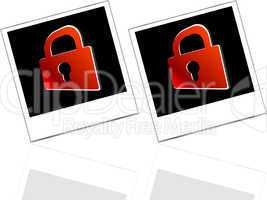 Set of empty photos and red padlock on abstract white background