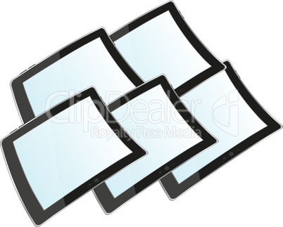 Photo-realistic illustration of different colored horizontal tablet pc set with copyspace on the screen - isolated