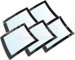 Photo-realistic illustration of different colored horizontal tablet pc set with copyspace on the screen - isolated
