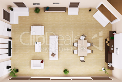 Living room interior top view 3d render