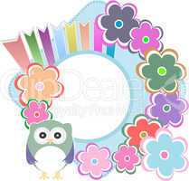 Seamless retro flowers and owl kids illustration background pattern