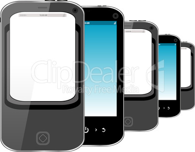 Photo-realistic illustration of different colored smart phones with screen