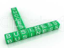 cubes with letters arranged in words business and success, white