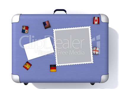 illustration of a light blue suitcase covered in travel stickers